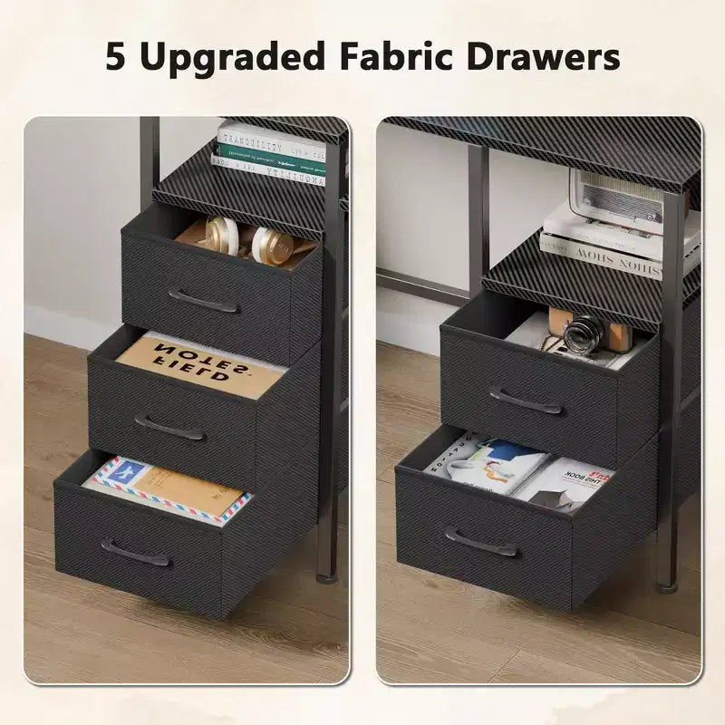 Bureau d'ordinateur de 55 pouces avec station de charge, bureau de jeu réversible, lumières LED, tiroirs en tissu, table d'écriture pour bureau à domicile, étude de chambre, rangement