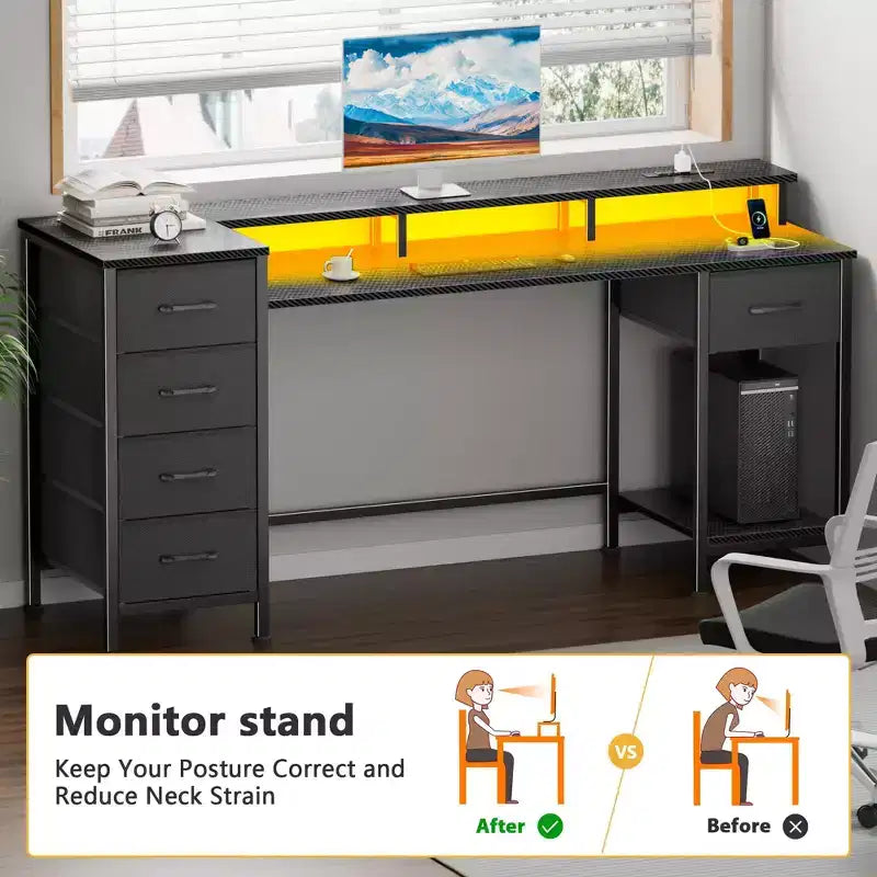 Bureau d'ordinateur de 55 pouces avec station de charge, bureau de jeu réversible, lumières LED, tiroirs en tissu, table d'écriture pour bureau à domicile, étude de chambre, rangement