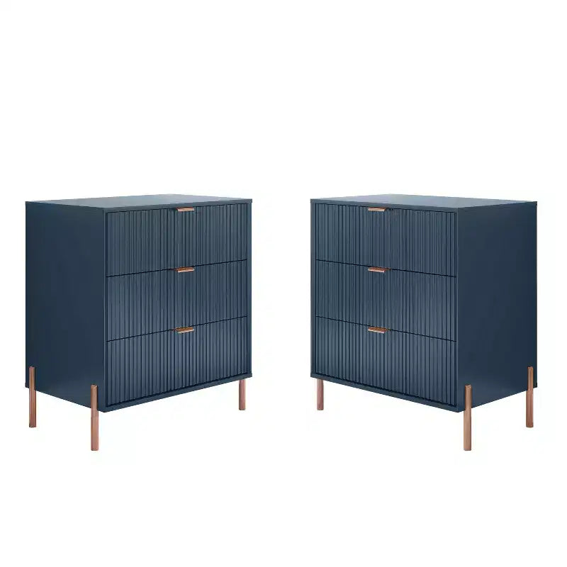 Festivo 2pc Modern Elegance 3 Drawer Nightstands Side Table Set Navy