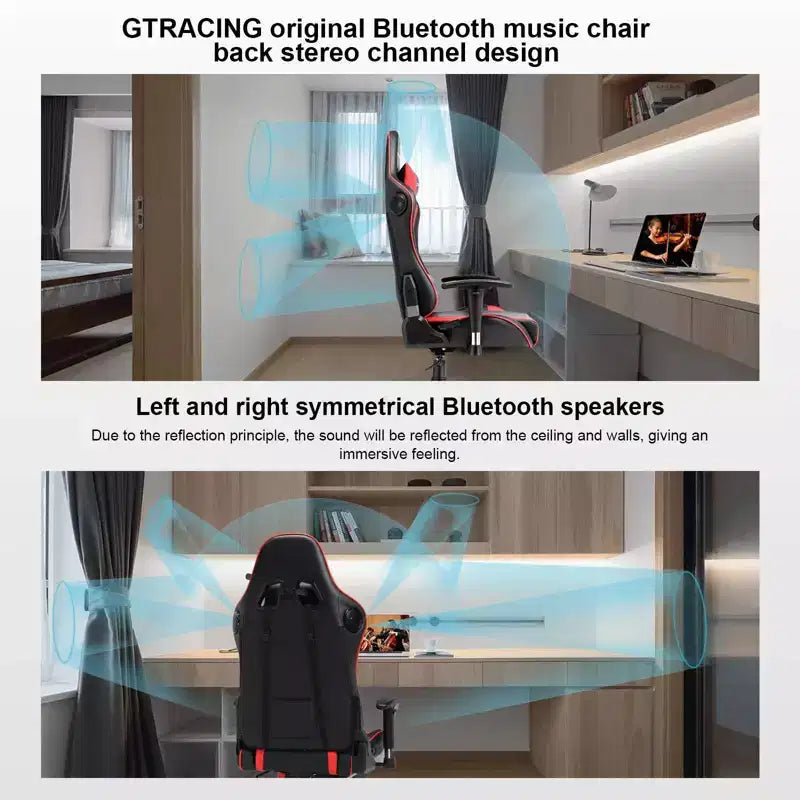 Fauteuil de jeu avec haut-parleurs Bluetooth Fauteuil de bureau à dossier haut en PU Rouge