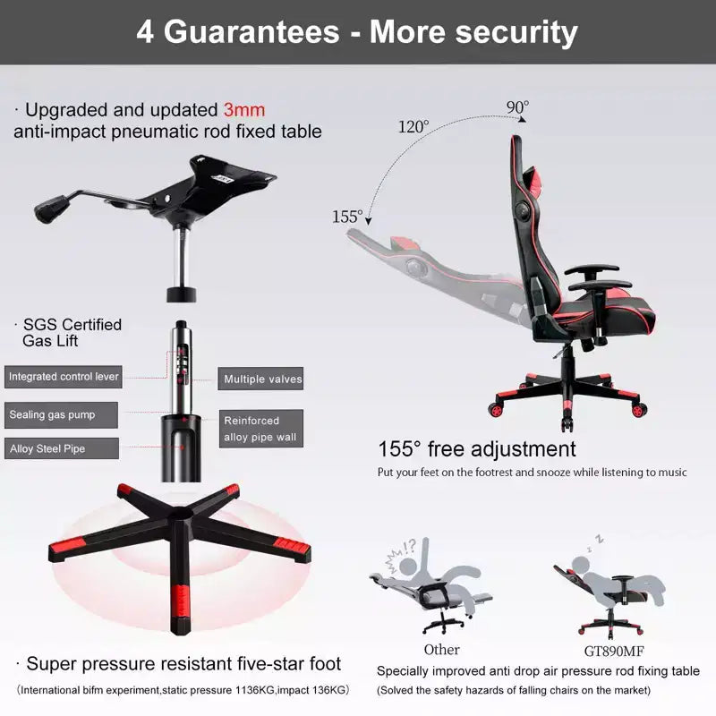 Fauteuil de jeu avec haut-parleurs Bluetooth Fauteuil de bureau à dossier haut en PU Rouge