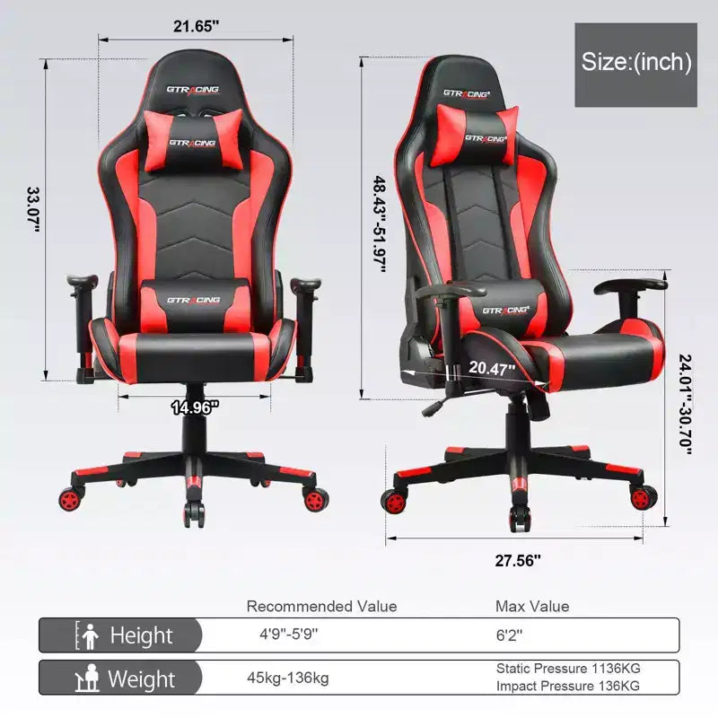 Fauteuil de jeu avec haut-parleurs Bluetooth Fauteuil de bureau à dossier haut en PU Rouge