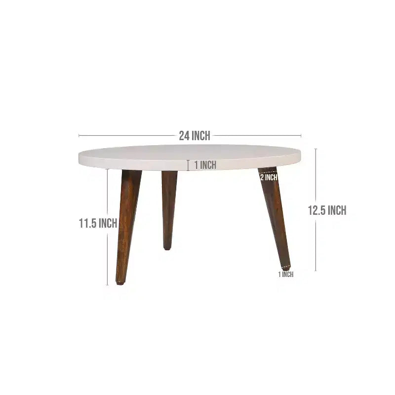 Table basse moderne ronde plateau blanc cassé pieds coniques en bois de manguier marron Marron/Blanc
