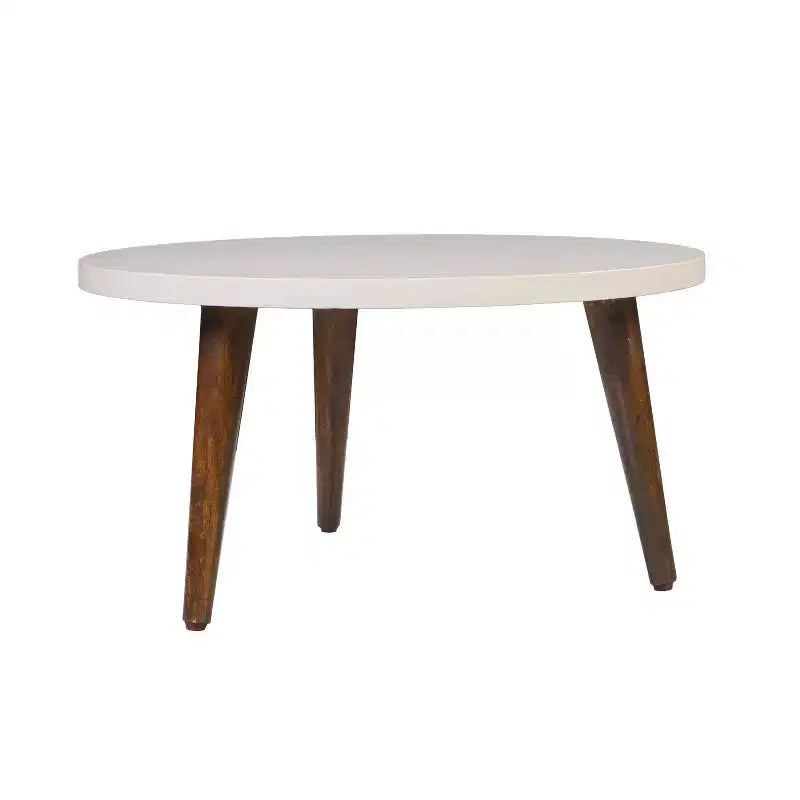 Table basse moderne ronde plateau blanc cassé pieds coniques en bois de manguier marron Marron/Blanc