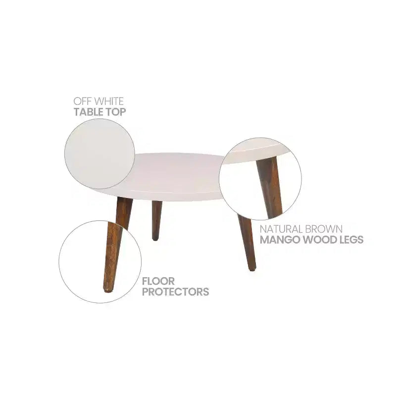 Table basse moderne ronde plateau blanc cassé pieds coniques en bois de manguier marron Marron/Blanc