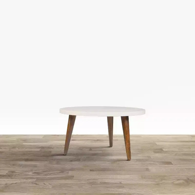 Table basse moderne ronde plateau blanc cassé pieds coniques en bois de manguier marron Marron/Blanc
