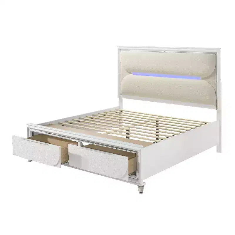 79.65" Eastern King Bed Tarian Bed White Boucle Pearl White Finish - Acme Furniture: LED Light Headboard, Storage Footboard, Acrylic Upholstery