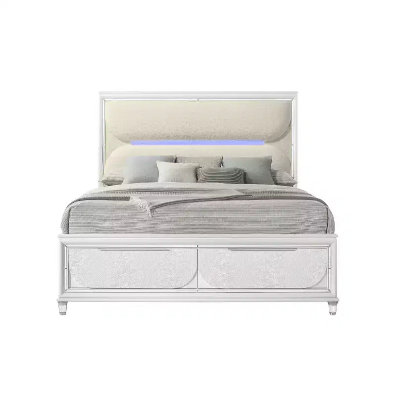 Lit king-size à panneau blanc en tissu bouclé, finition blanc perle, tête de lit à LED, pied de lit de rangement, rembourrage en acrylique