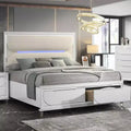 Lit king-size à panneau blanc en tissu bouclé, finition blanc perle, tête de lit à LED, pied de lit de rangement, rembourrage en acrylique