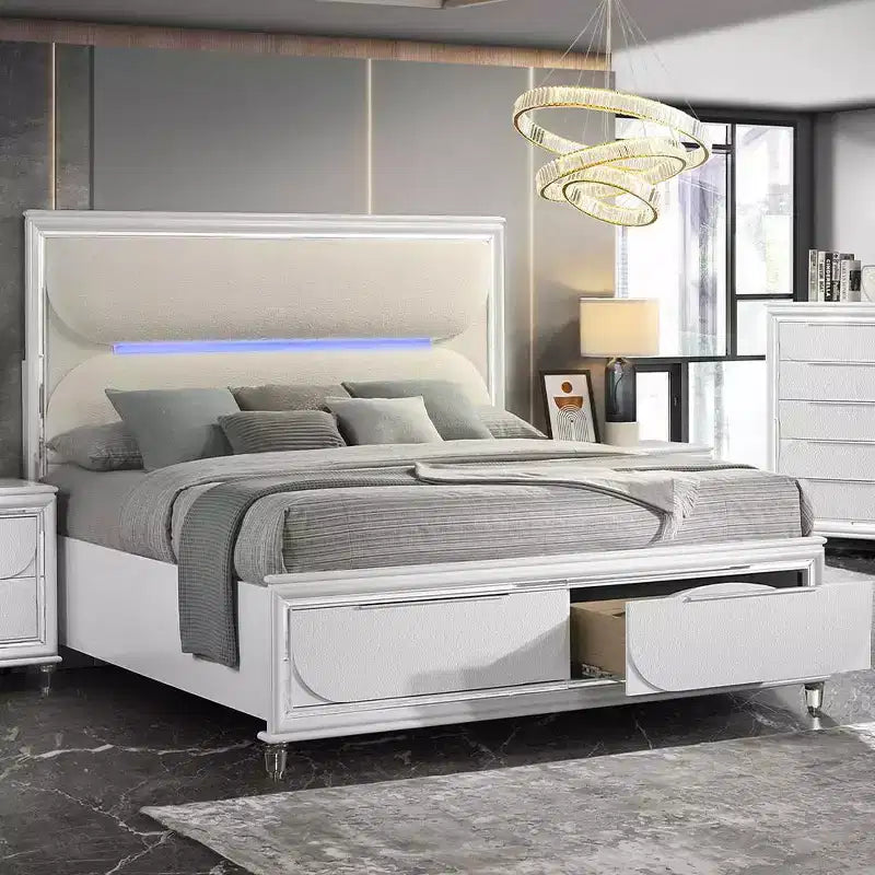 Lit king-size à panneau blanc en tissu bouclé, finition blanc perle, tête de lit à LED, pied de lit de rangement, rembourrage en acrylique