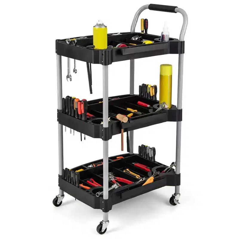 Chariot d'outils roulant à 3 niveaux avec poignée, fente de rangement pour outils, roues universelles pour garage
