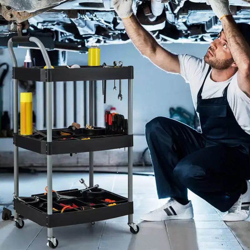 Chariot d'outils roulant à 3 niveaux avec poignée, fente de rangement pour outils, roues universelles pour garage