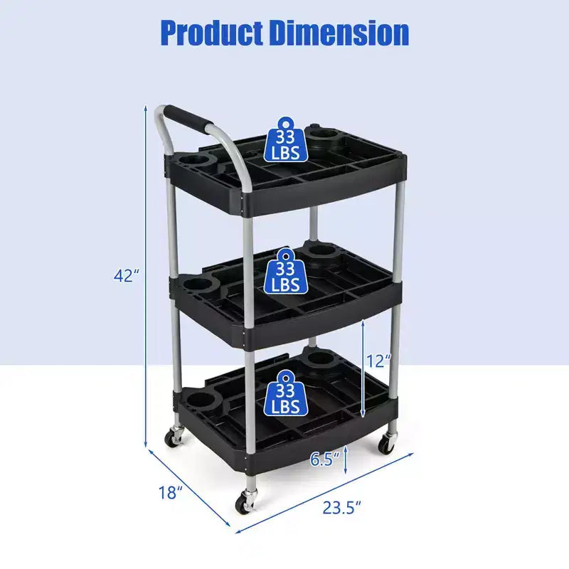 Chariot d'outils roulant à 3 niveaux avec poignée, fente de rangement pour outils, roues universelles pour garage