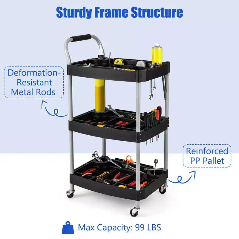 Chariot d'outils roulant à 3 niveaux avec poignée, fente de rangement pour outils, roues universelles pour garage