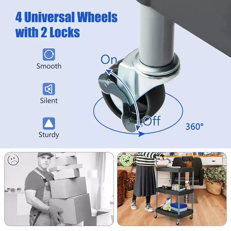 Chariot d'outils roulant à 3 niveaux avec poignée, fente de rangement pour outils, roues universelles pour garage