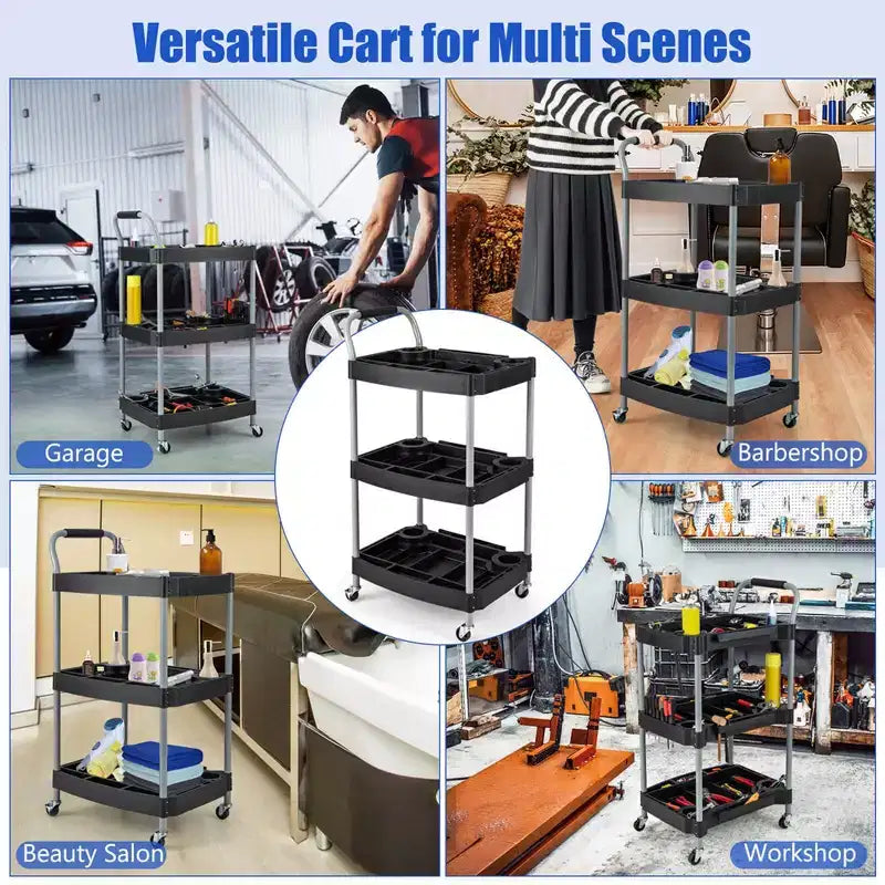 Chariot d'outils roulant à 3 niveaux avec poignée, fente de rangement pour outils, roues universelles pour garage