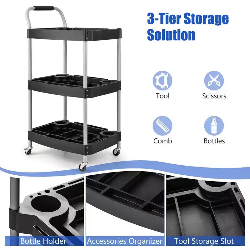 Chariot d'outils roulant à 3 niveaux avec poignée, fente de rangement pour outils, roues universelles pour garage
