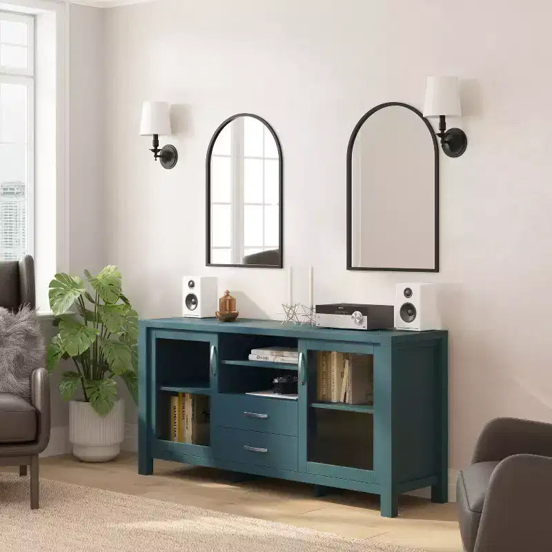 Buffet de cuisine et salle à manger moderne, meuble de rangement en bois composite avec 2 portes en verre trempé, 2 tiroirs, étagère ouverte