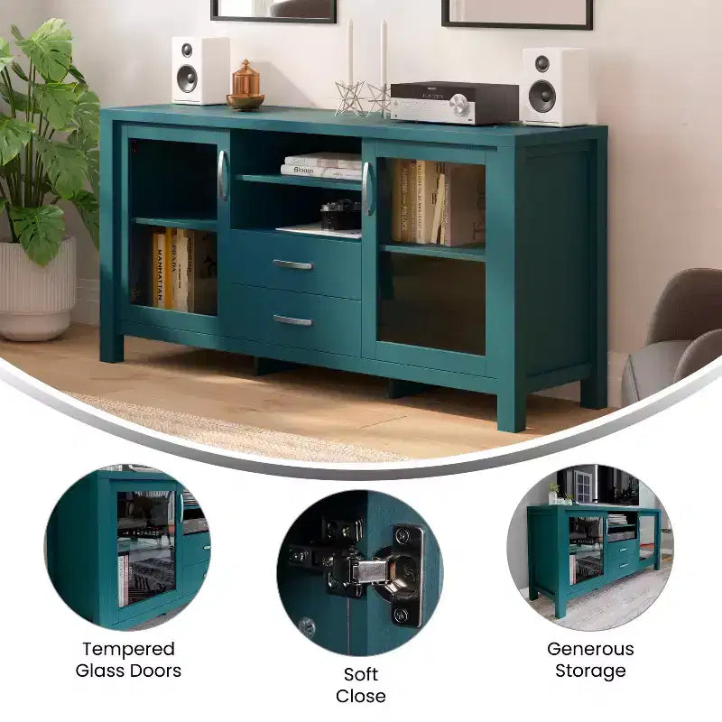 Buffet de cuisine et salle à manger moderne, meuble de rangement en bois composite avec 2 portes en verre trempé, 2 tiroirs, étagère ouverte