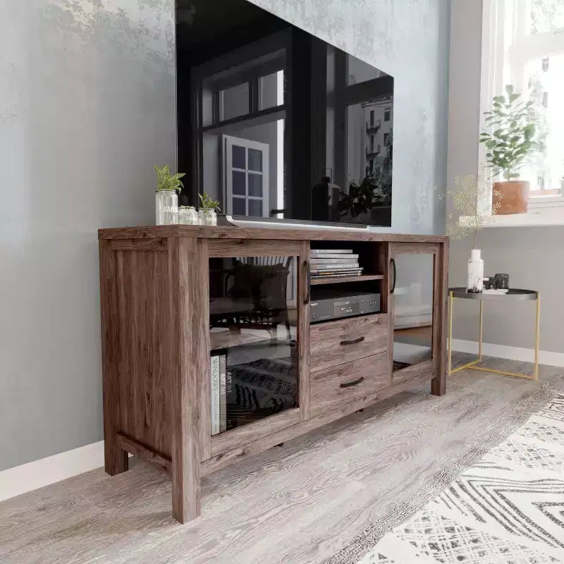 Buffet de cuisine et salle à manger moderne, meuble de rangement en bois composite avec 2 portes en verre trempé, 2 tiroirs, étagère ouverte