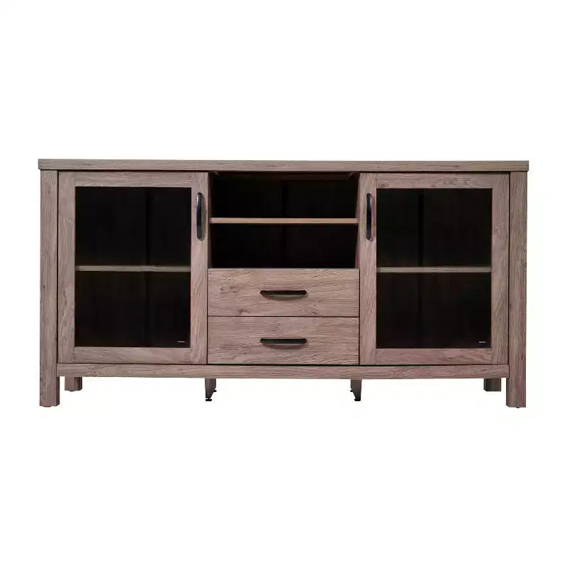 Buffet de cuisine et salle à manger moderne, meuble de rangement en bois composite avec 2 portes en verre trempé, 2 tiroirs, étagère ouverte