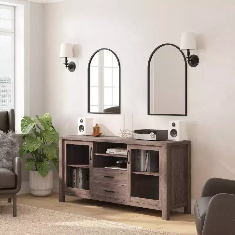 Buffet de cuisine et salle à manger moderne, meuble de rangement en bois composite avec 2 portes en verre trempé, 2 tiroirs, étagère ouverte