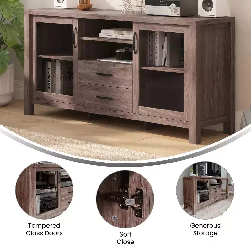 Buffet de cuisine et salle à manger moderne, meuble de rangement en bois composite avec 2 portes en verre trempé, 2 tiroirs, étagère ouverte