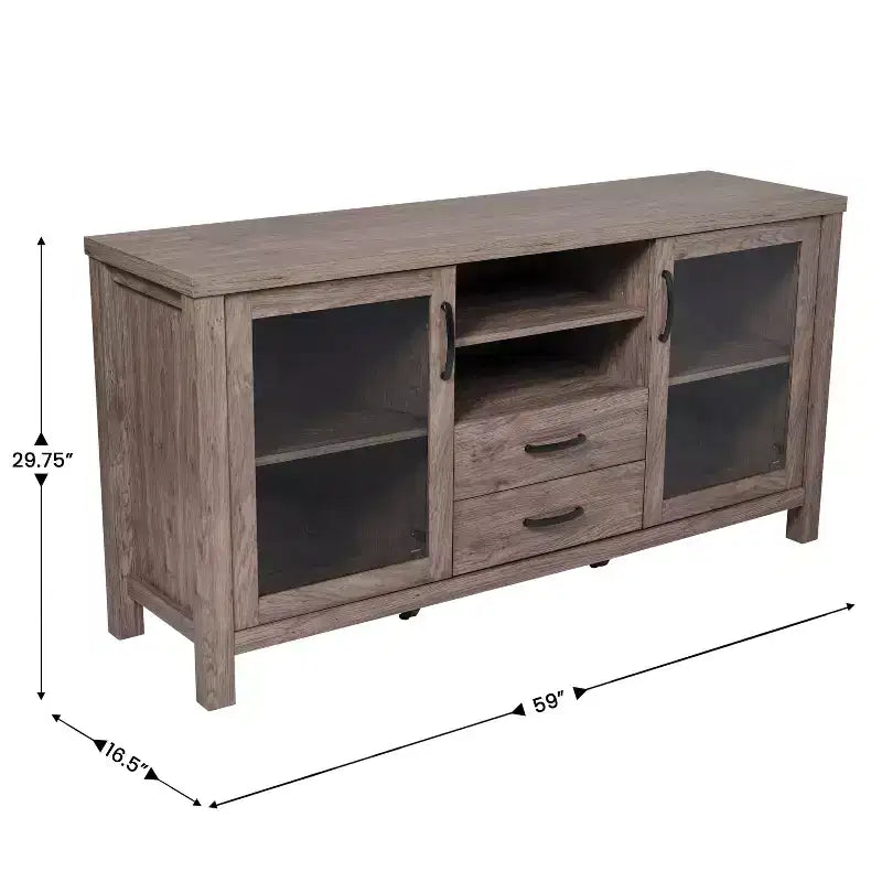 Buffet de cuisine et salle à manger moderne, meuble de rangement en bois composite avec 2 portes en verre trempé, 2 tiroirs, étagère ouverte