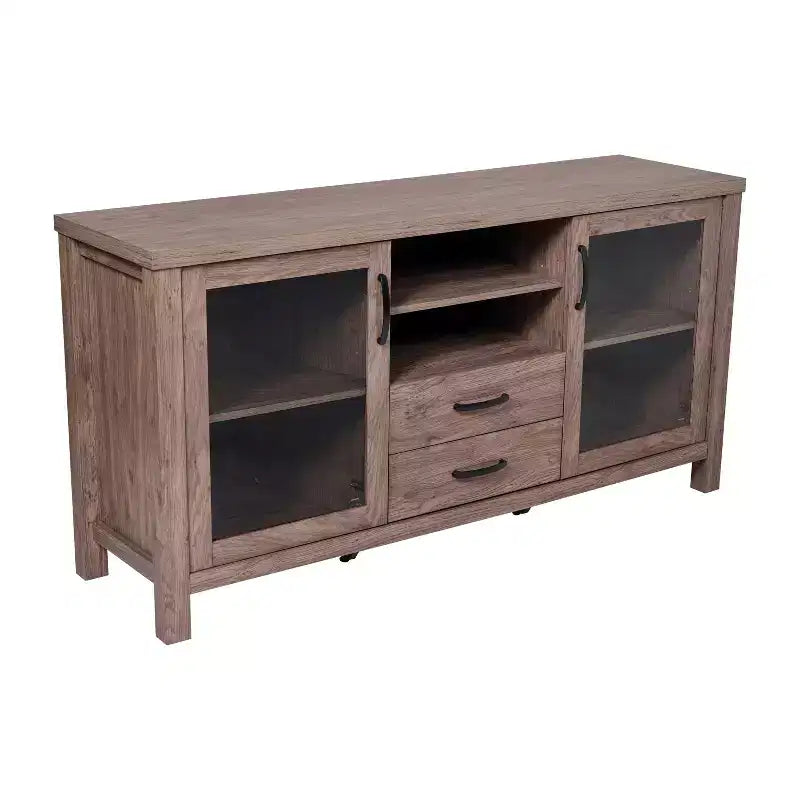 Buffet de cuisine et salle à manger moderne, meuble de rangement en bois composite avec 2 portes en verre trempé, 2 tiroirs, étagère ouverte
