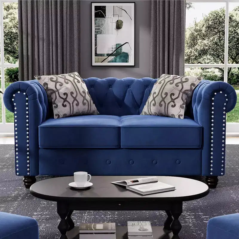 60 in. Velvet Blue Couches 2-Seater Loveseat for Living Room Furniture Sets-Morden Fort