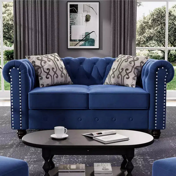 60 in. Velvet Blue Couches 2-Seater Loveseat for Living Room Furniture Sets-Morden Fort