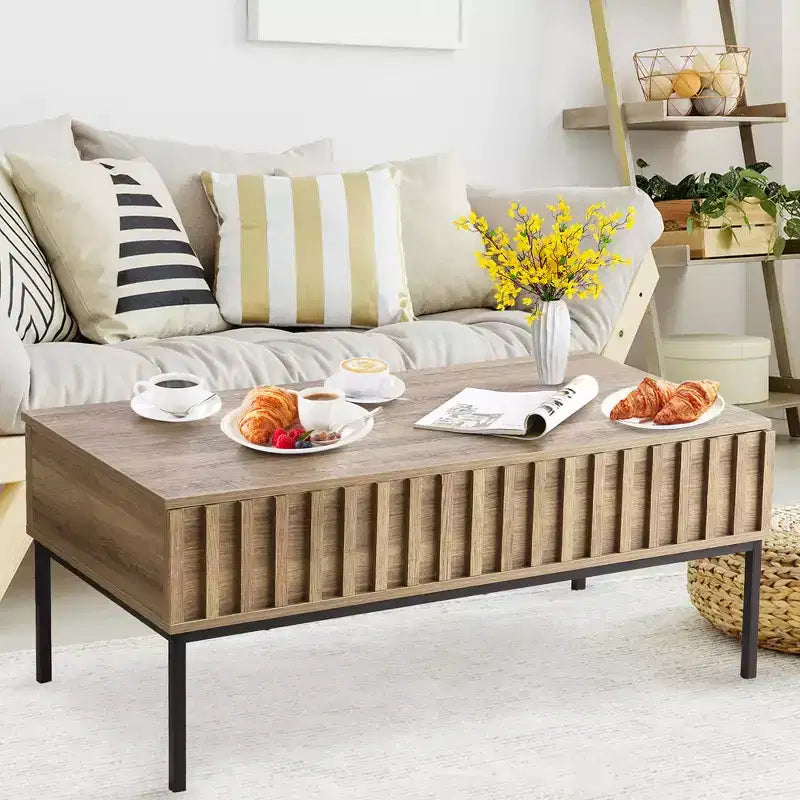 Table basse relevable, table basse moderne du milieu du siècle, table basse en bois de style ferme avec compartiment de rangement caché