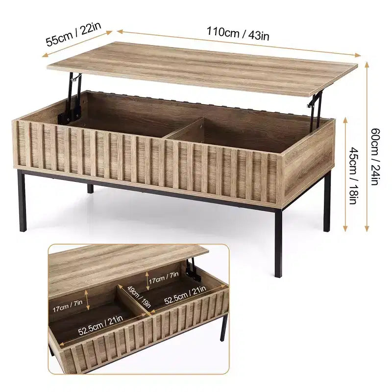Table basse relevable, table basse moderne du milieu du siècle, table basse en bois de style ferme avec compartiment de rangement caché