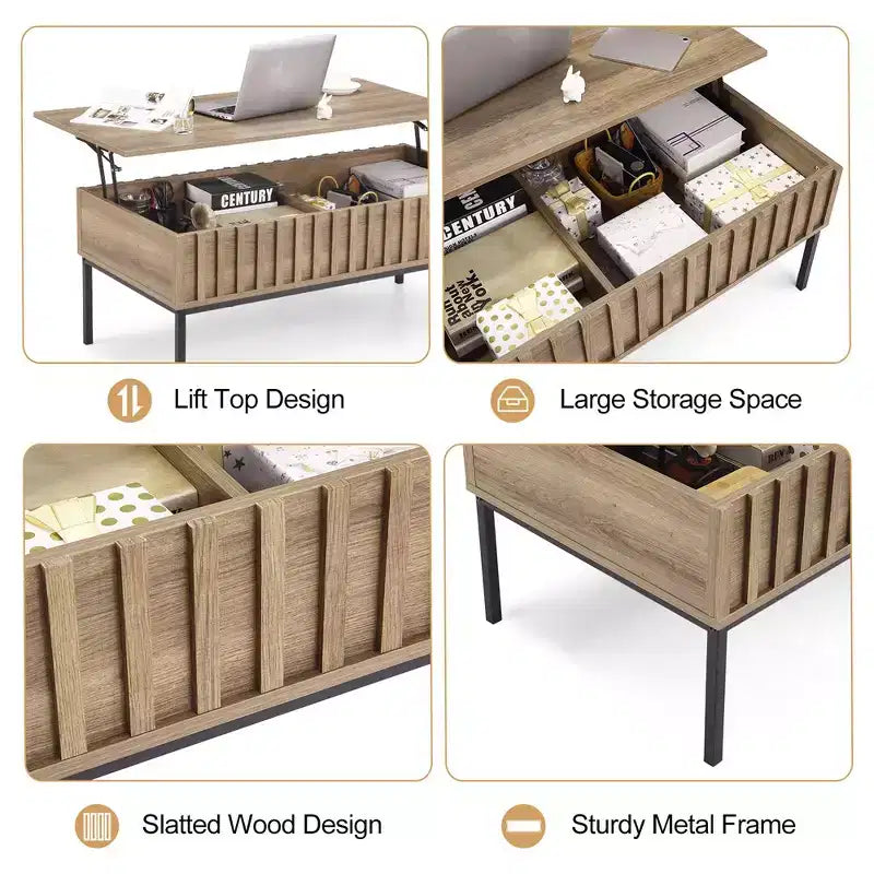 Table basse relevable, table basse moderne du milieu du siècle, table basse en bois de style ferme avec compartiment de rangement caché