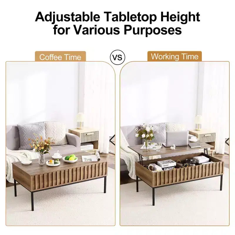 Table basse relevable, table basse moderne du milieu du siècle, table basse en bois de style ferme avec compartiment de rangement caché