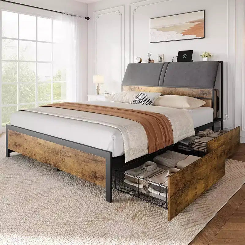 Whizmax Bed Frame with Charging Station and 4 Storage Drawers, Metal Platform Bed with Ergonomic Large Storage Headboard, No Box Spring Needed, Brown
