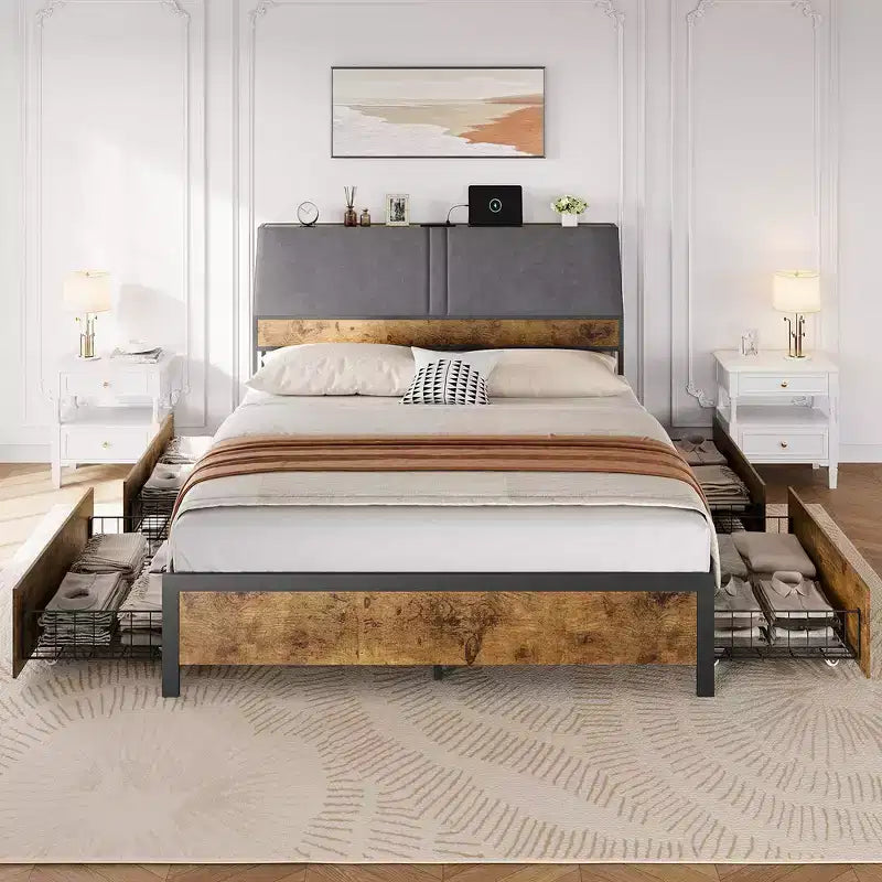 Cadre de lit avec station de charge et 4 tiroirs de rangement, lit plateforme en métal avec tête de lit ergonomique grand rangement, pas besoin de sommier tapissier, marron