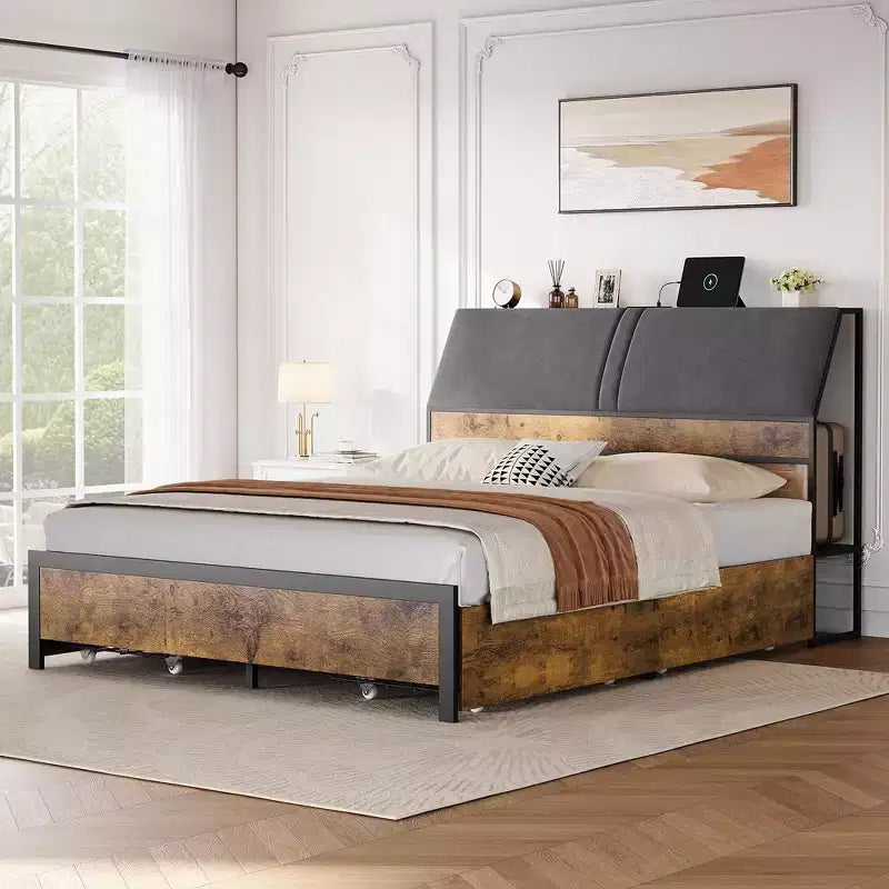 Cadre de lit avec station de charge et 4 tiroirs de rangement, lit plateforme en métal avec tête de lit ergonomique grand rangement, pas besoin de sommier tapissier, marron