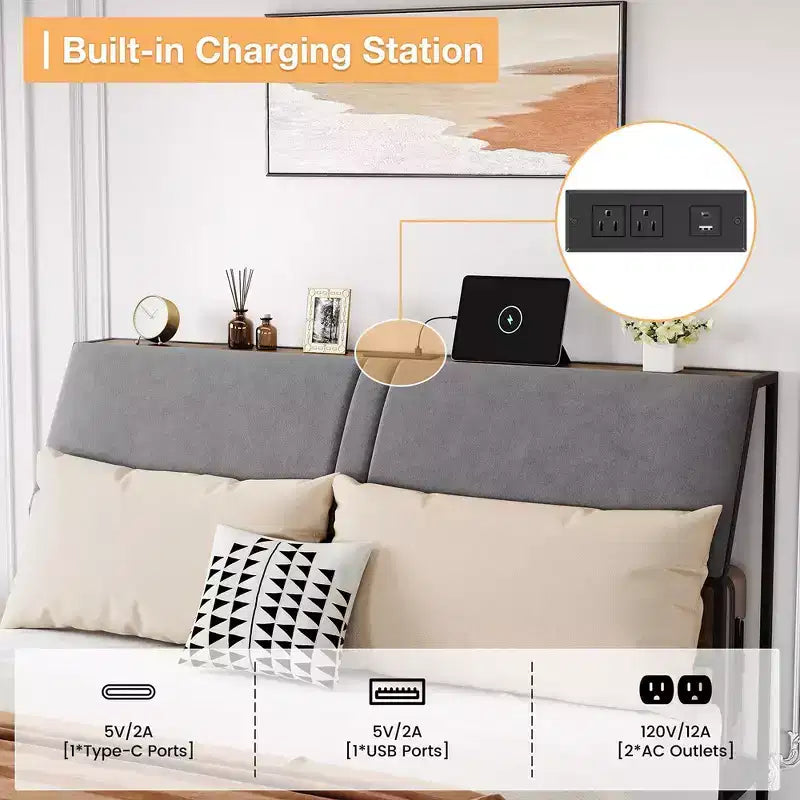 Cadre de lit avec station de charge et 4 tiroirs de rangement, lit plateforme en métal avec tête de lit ergonomique grand rangement, pas besoin de sommier tapissier, marron