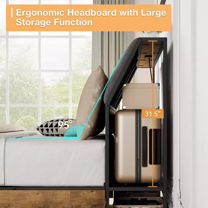 Cadre de lit avec station de charge et 4 tiroirs de rangement, lit plateforme en métal avec tête de lit ergonomique grand rangement, pas besoin de sommier tapissier, marron