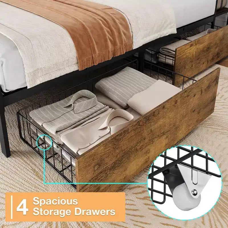 Cadre de lit avec station de charge et 4 tiroirs de rangement, lit plateforme en métal avec tête de lit ergonomique grand rangement, pas besoin de sommier tapissier, marron