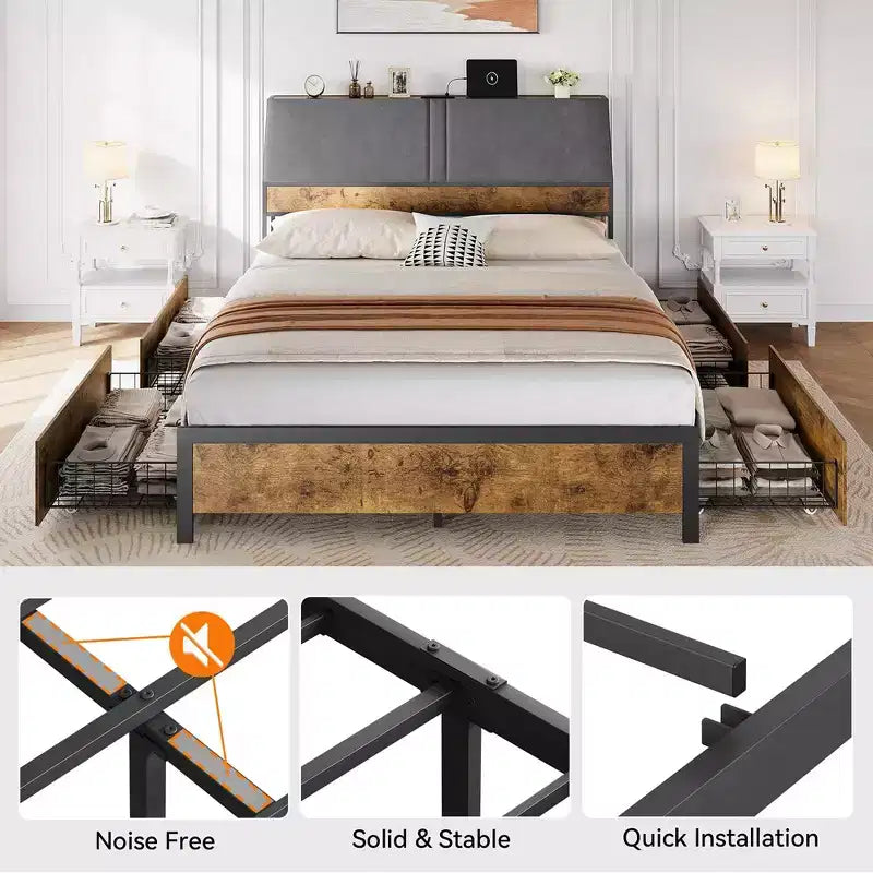 Cadre de lit avec station de charge et 4 tiroirs de rangement, lit plateforme en métal avec tête de lit ergonomique grand rangement, pas besoin de sommier tapissier, marron