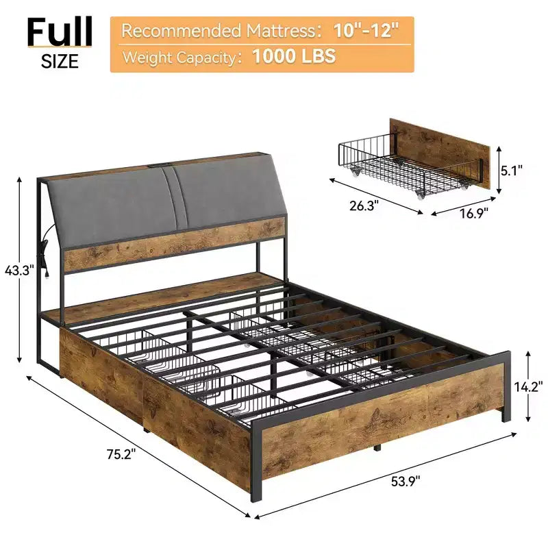Cadre de lit avec station de charge et 4 tiroirs de rangement, lit plateforme en métal avec tête de lit ergonomique grand rangement, pas besoin de sommier tapissier, marron