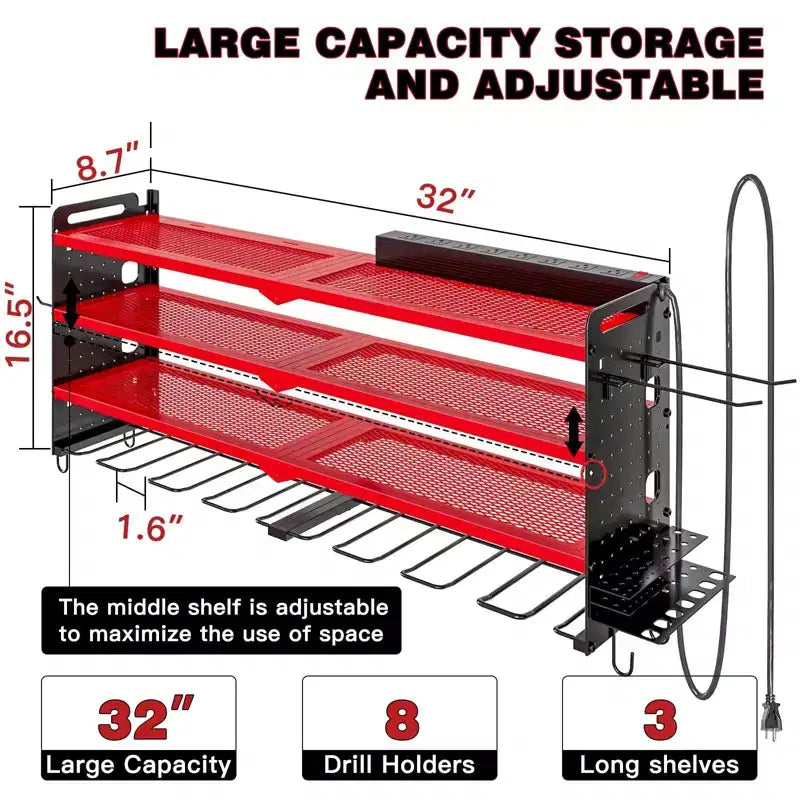 Organisateur d'outils électriques mural 4 niveaux, étagères de rangement utilitaires, 8 supports de perceuse, rouge/noir/jaune