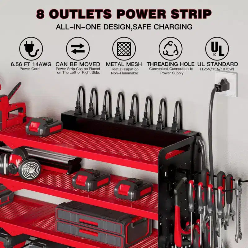 Organisateur d'outils électriques mural 4 niveaux, étagères de rangement utilitaires, 8 supports de perceuse, rouge/noir/jaune