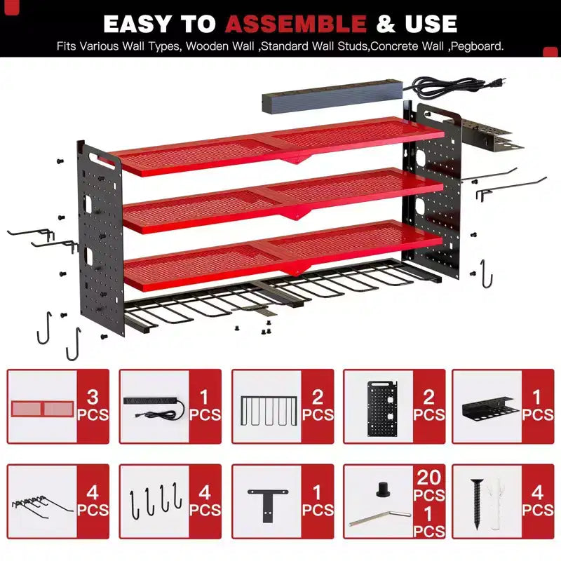 Organisateur d'outils électriques mural 4 niveaux, étagères de rangement utilitaires, 8 supports de perceuse, rouge/noir/jaune