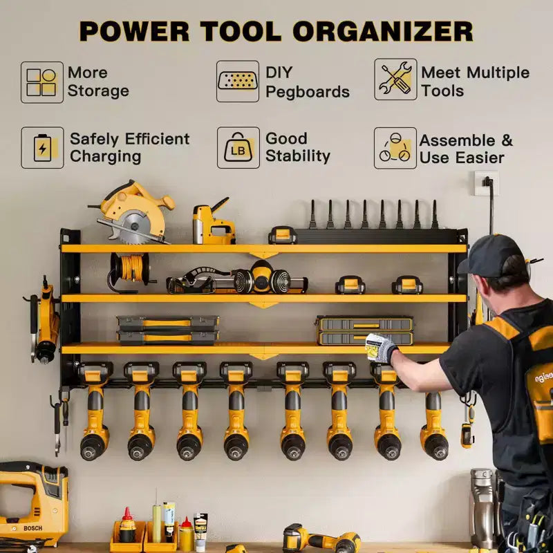 Organisateur d'outils électriques mural 4 niveaux, étagères de rangement utilitaires, 8 supports de perceuse, rouge/noir/jaune
