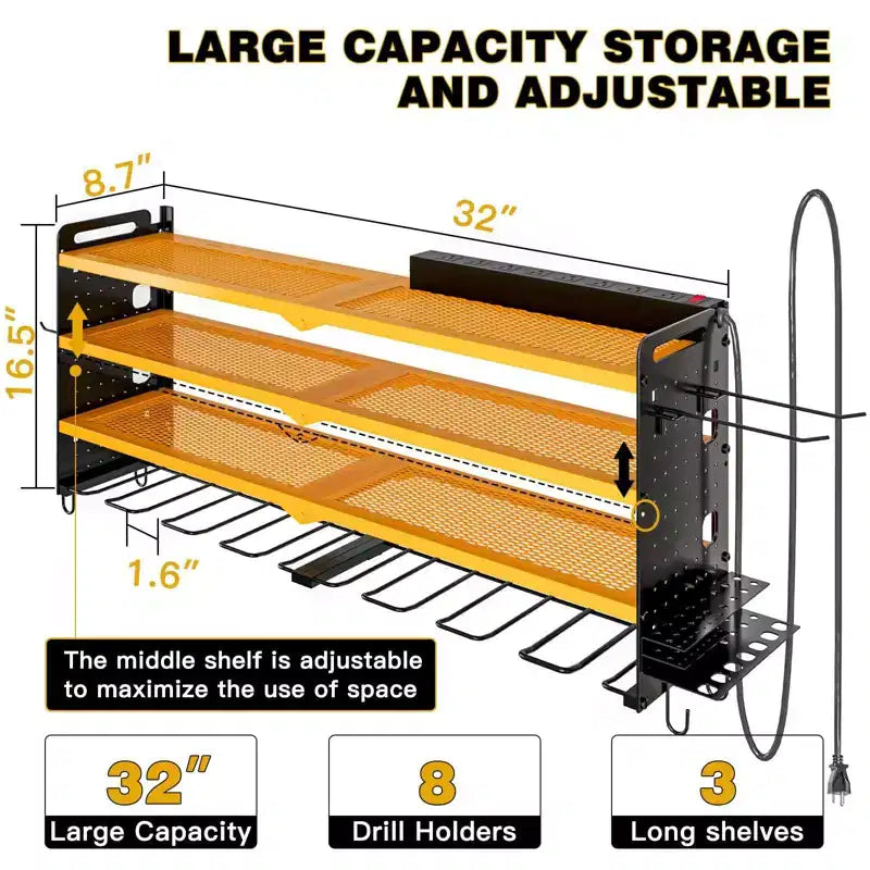 Organisateur d'outils électriques mural 4 niveaux, étagères de rangement utilitaires, 8 supports de perceuse, rouge/noir/jaune