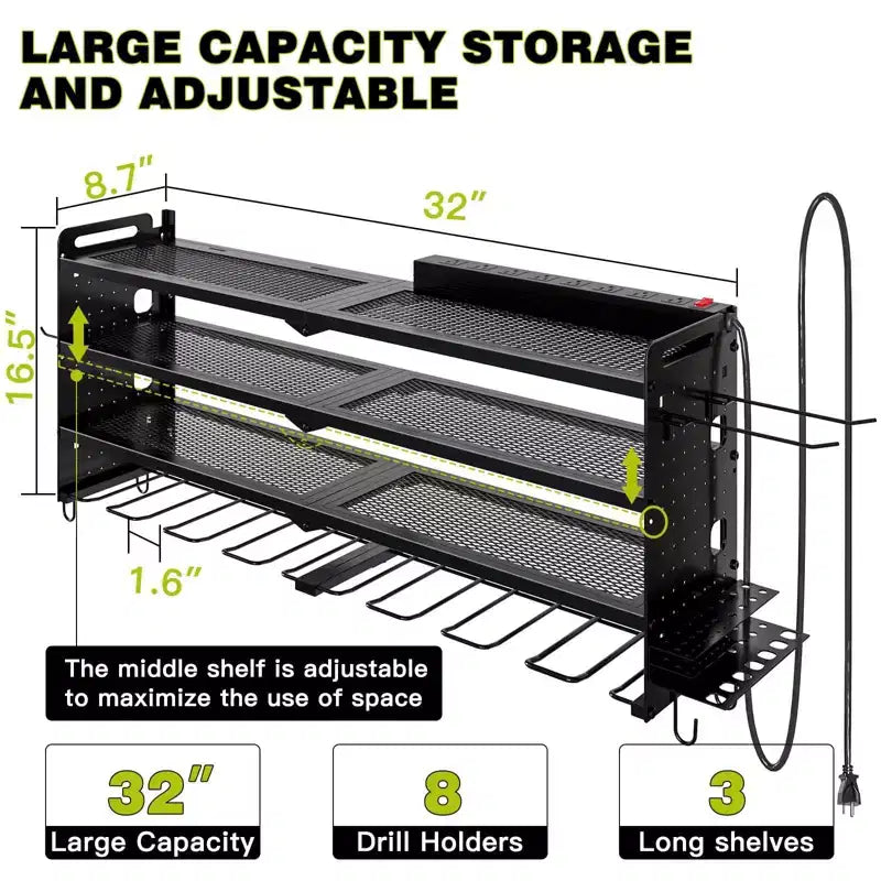 Organisateur d'outils électriques mural 4 niveaux, étagères de rangement utilitaires, 8 supports de perceuse, rouge/noir/jaune