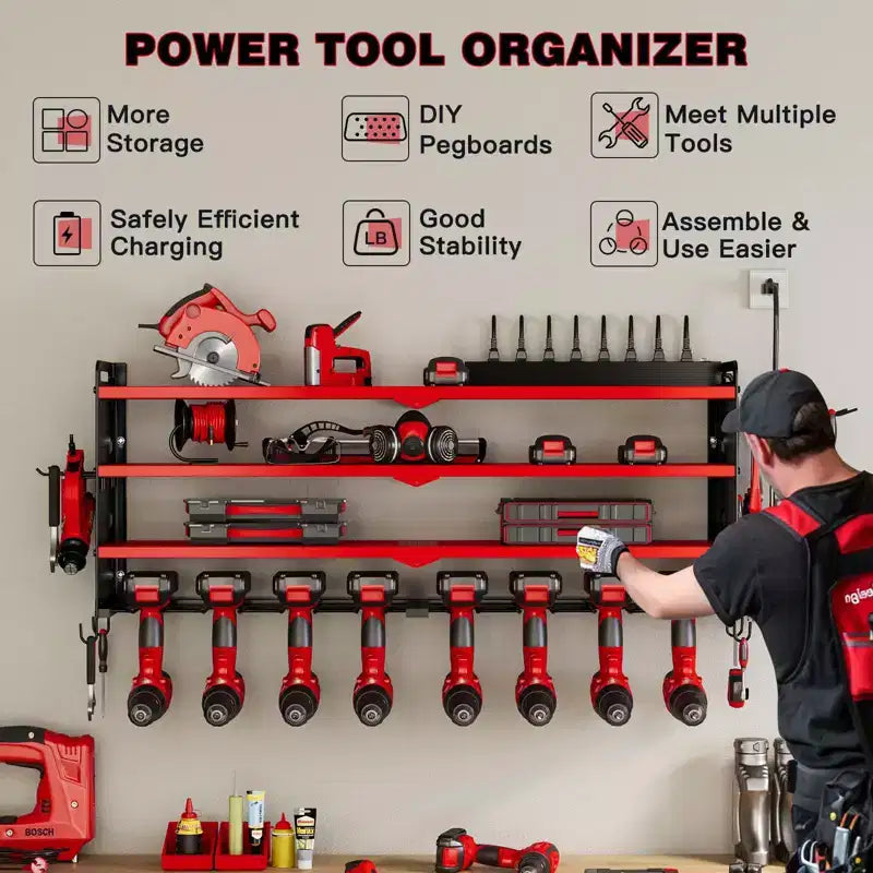 Organisateur d'outils électriques mural 4 niveaux, étagères de rangement utilitaires, 8 supports de perceuse, rouge/noir/jaune